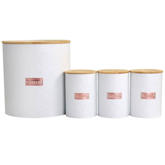 MG-555 Kitchen Food Storage & Organization Argyle Canister Set with Bamboo Lids, White - 4 Piece